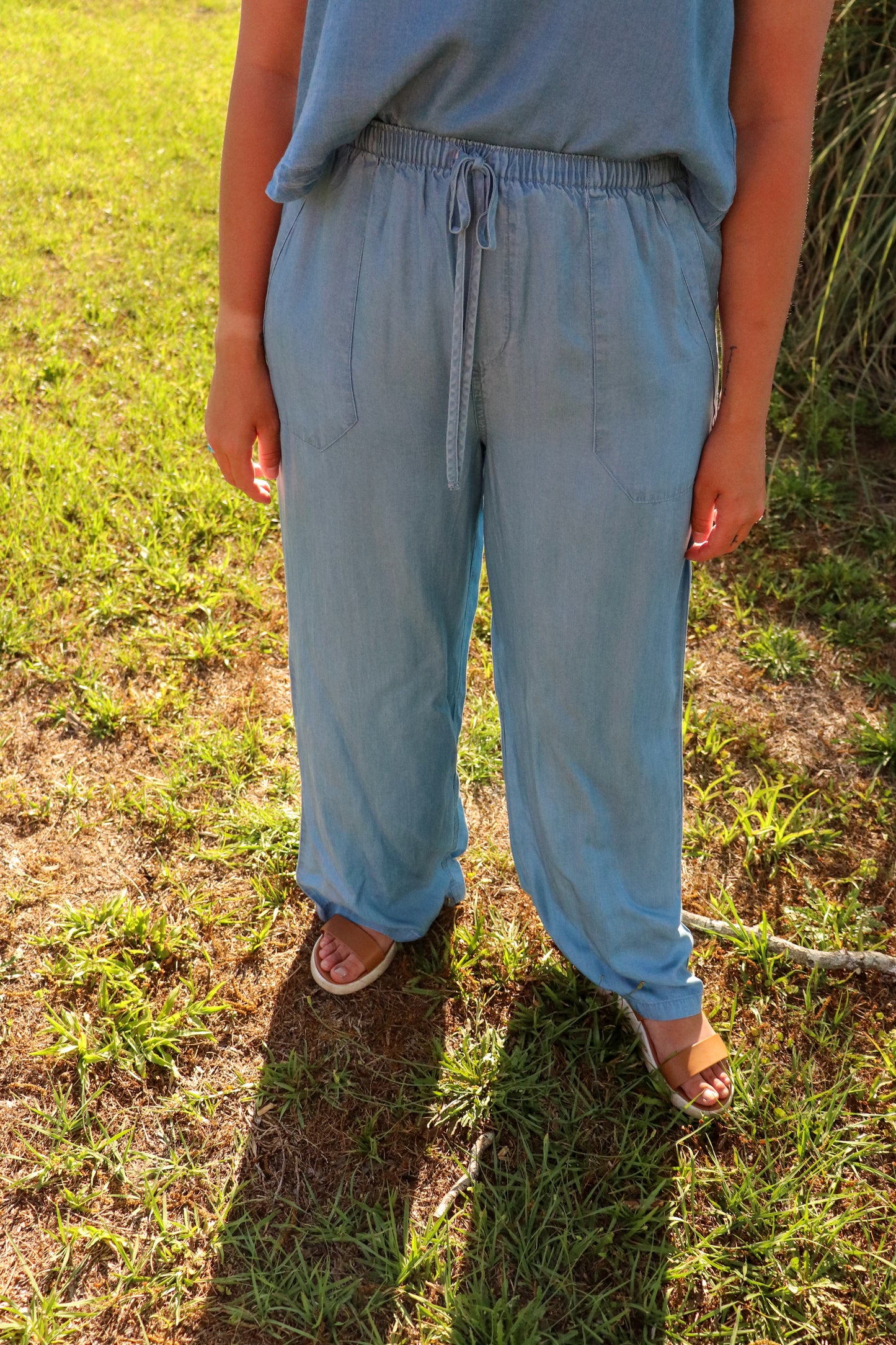 Dusty Blue Drawstring Wide Leg Pants