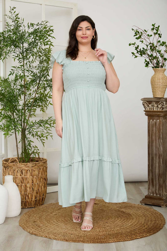 Curvy Sage Smocked Flutter Sleeve Midi Dress