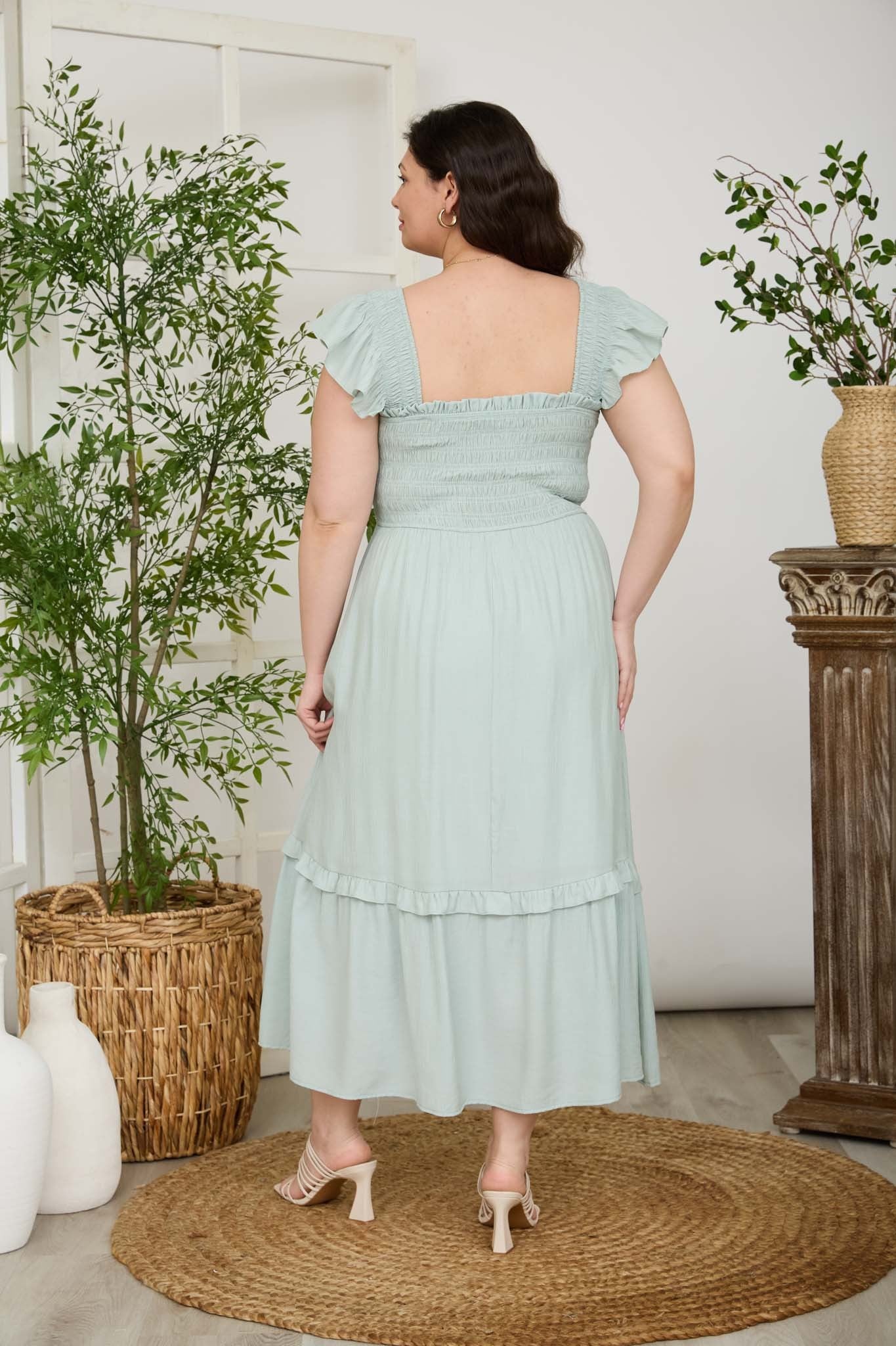 Curvy Sage Smocked Flutter Sleeve Midi Dress