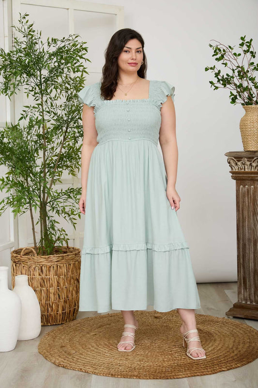 Curvy Sage Smocked Flutter Sleeve Midi Dress