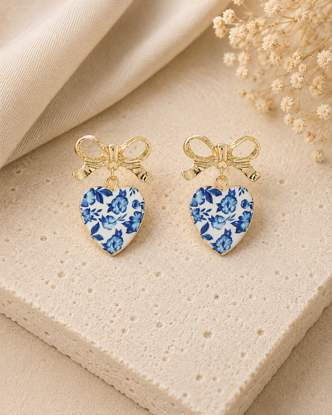 Blue Bloom Bow Heart Earrings