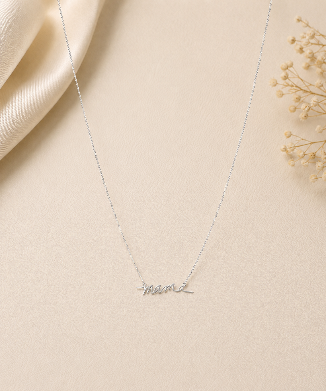 Silver Mama Script Necklace
