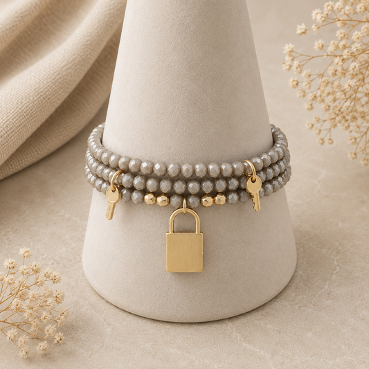 Gray Lock & Key Beaded Bracelet Set
