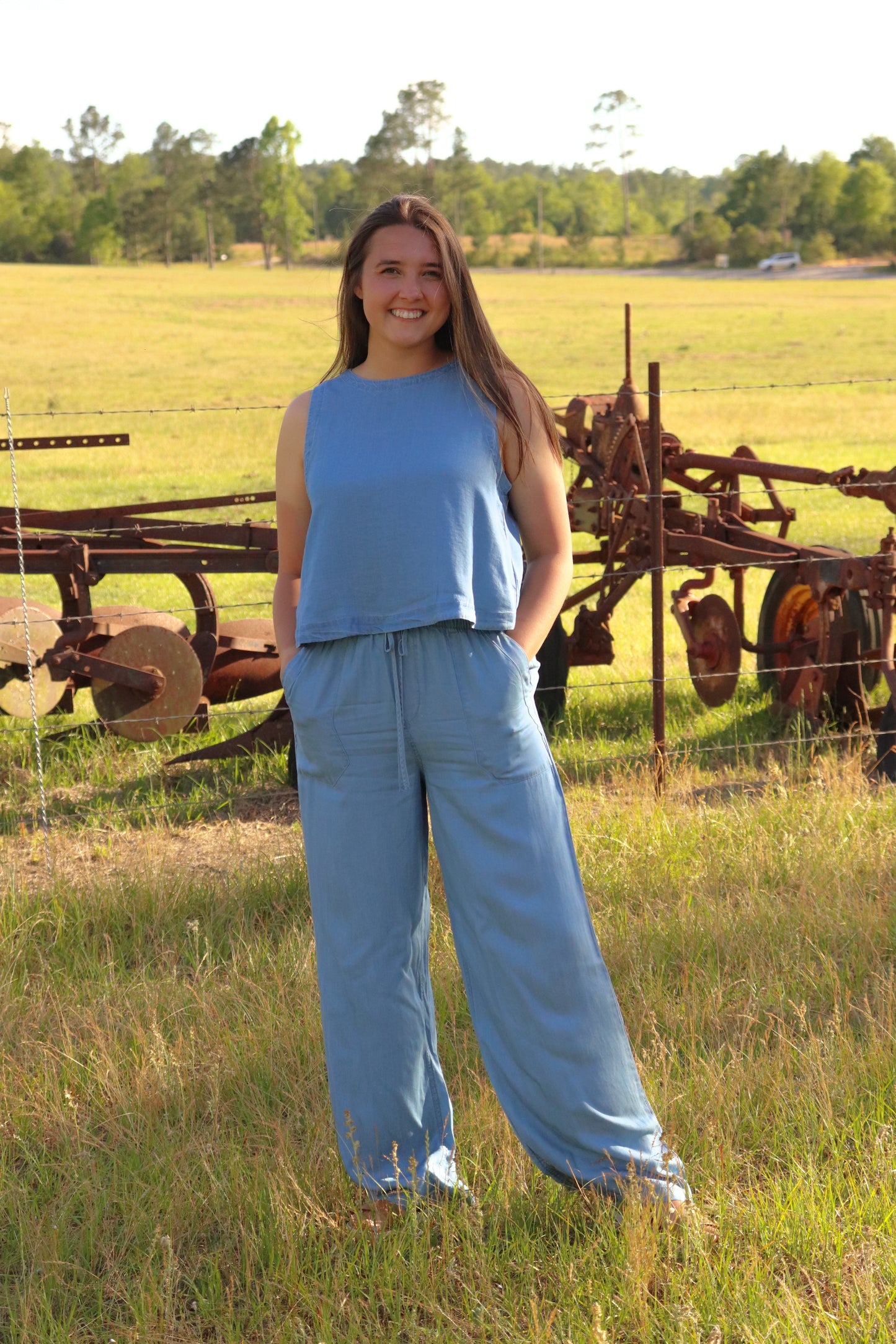 Dusty Blue Drawstring Wide Leg Pants
