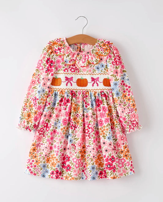 Pumpkin Bows Floral Smocked Dress