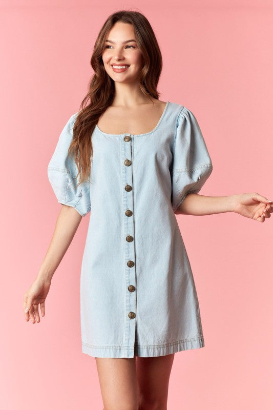 Light Wash Button Front Denim Dress
