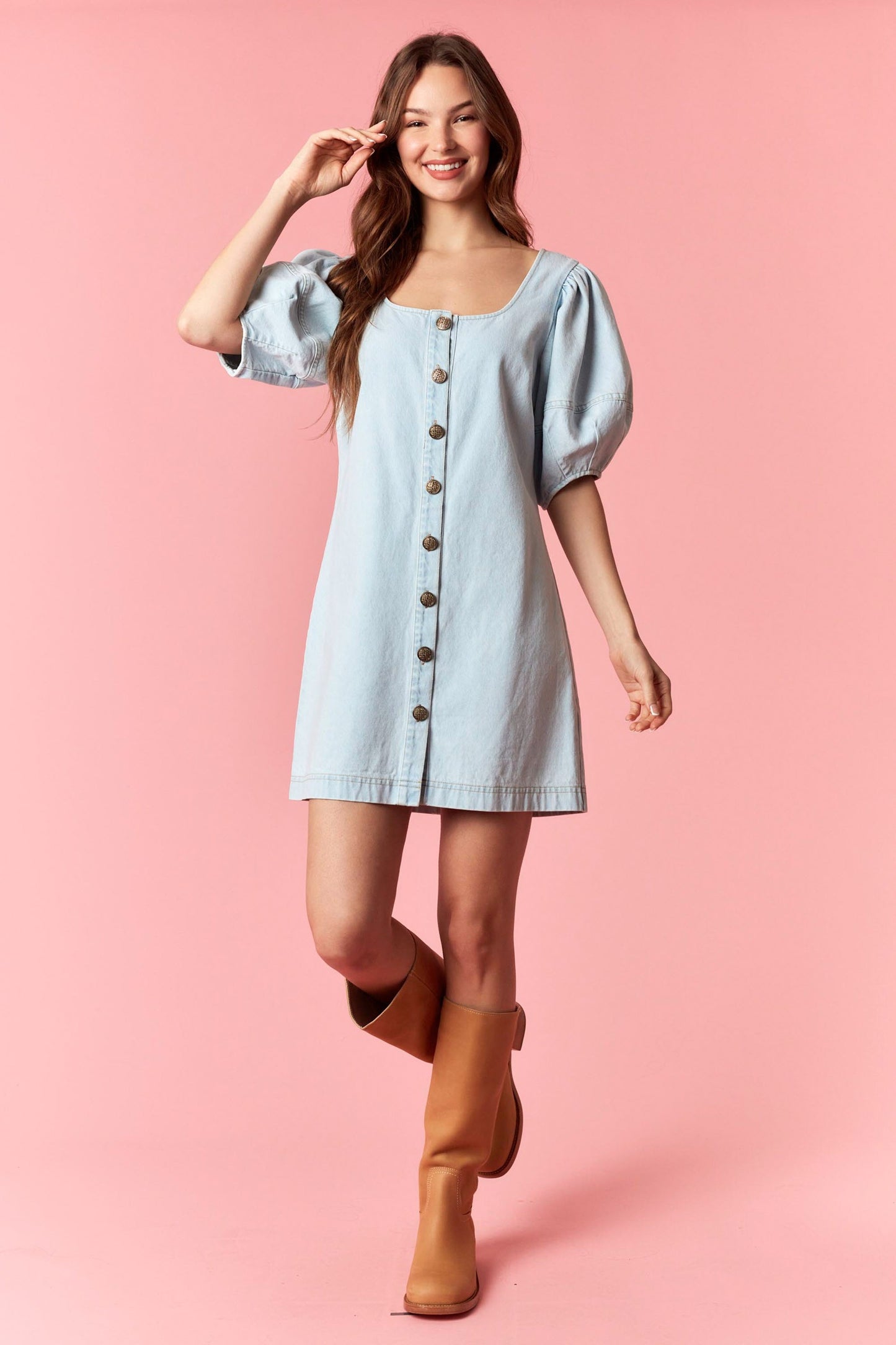 Light Wash Button Front Denim Dress